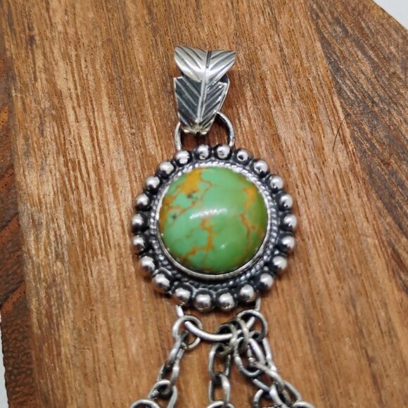 Southwest Green Turquoise Sterling Silver Feather Dangle Pendant Statement - Picture 3 of 9